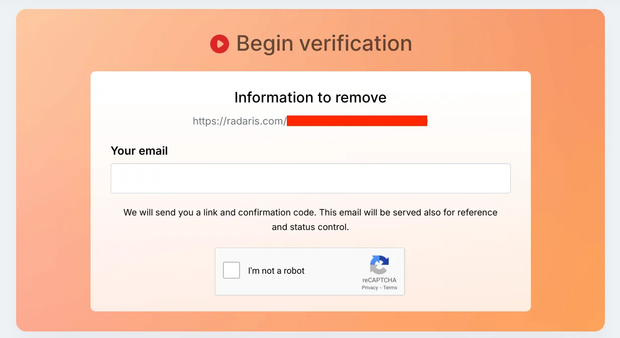 Radaris opt out process confirm your email Screenshot of the Radaris opt out process asking you to supply your email so that you can confirm your account